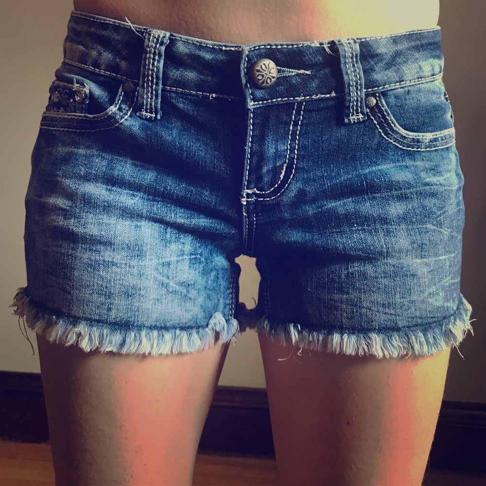 Bedazzled Acid Wash Distressed Denim Shorts